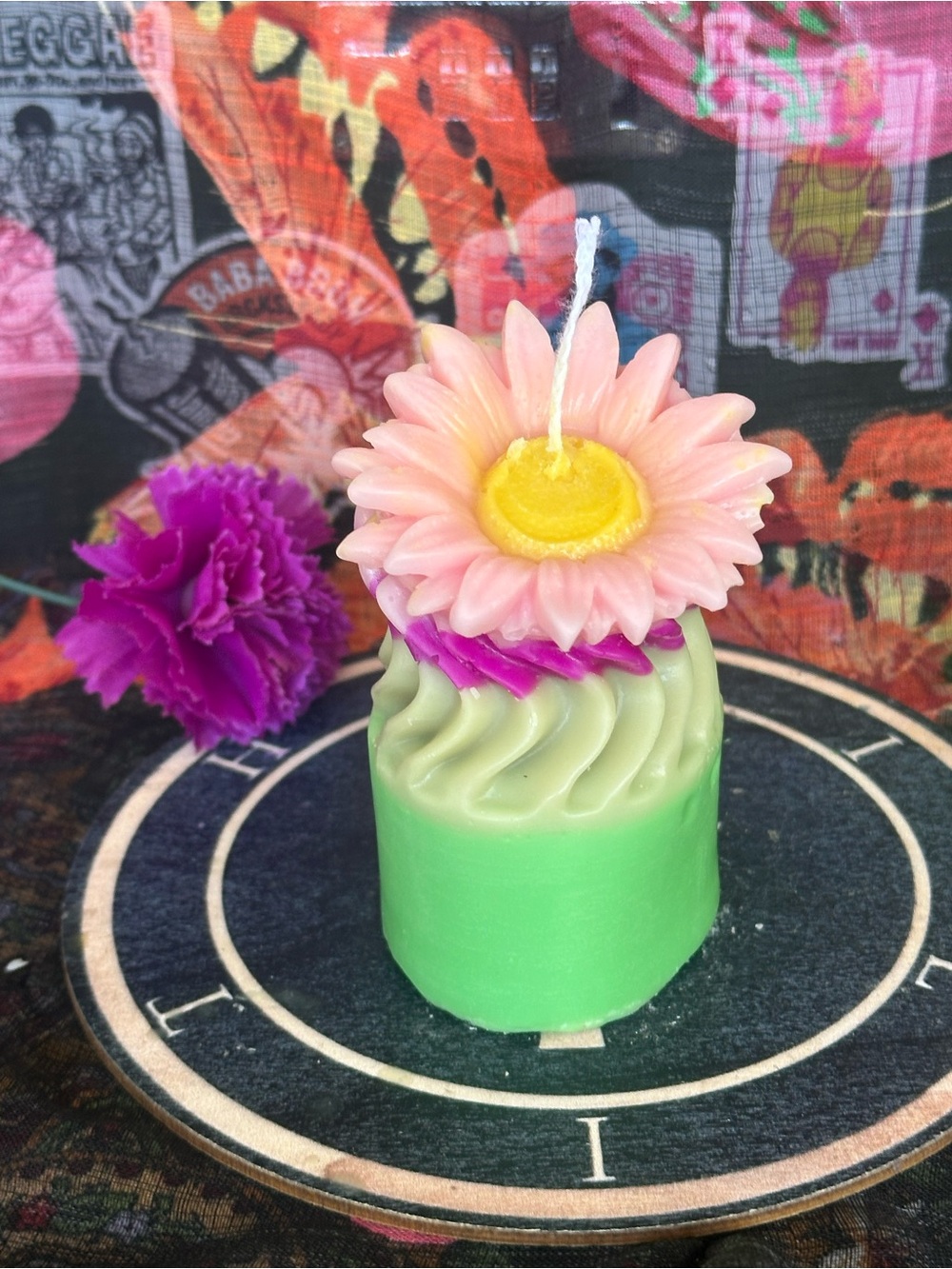 Handmade Green & Pink Daisy Flower Candle – Botanical Floral Pillar Candle